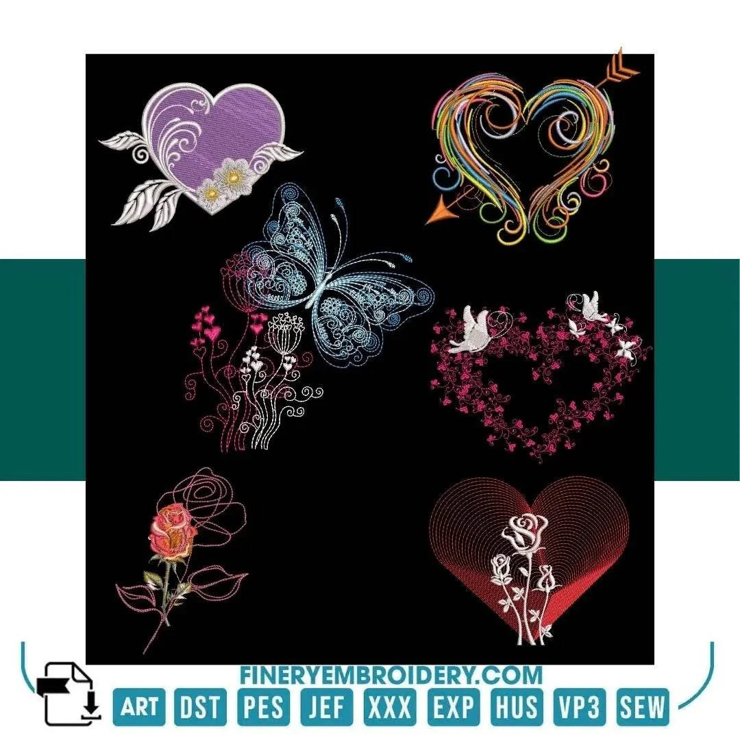 17 Unique Heart-Themed Embroidery Designs Pack - Intricate Love & Floral Patterns - FineryEmbroidery
