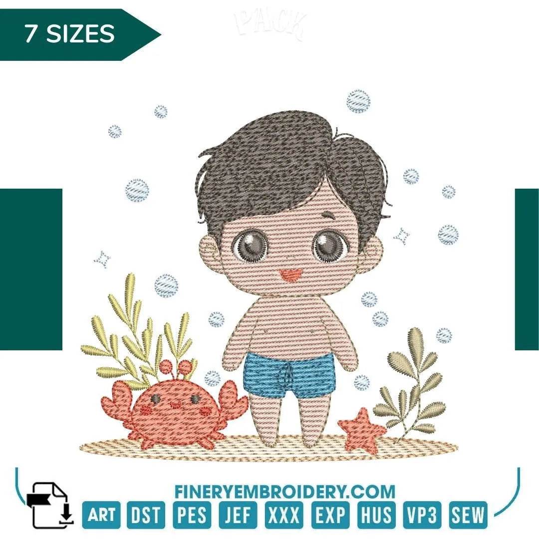 Adorable Beach Boy Embroidery Design - 7 Sizes | FineryEmbroidery - FineryEmbroidery