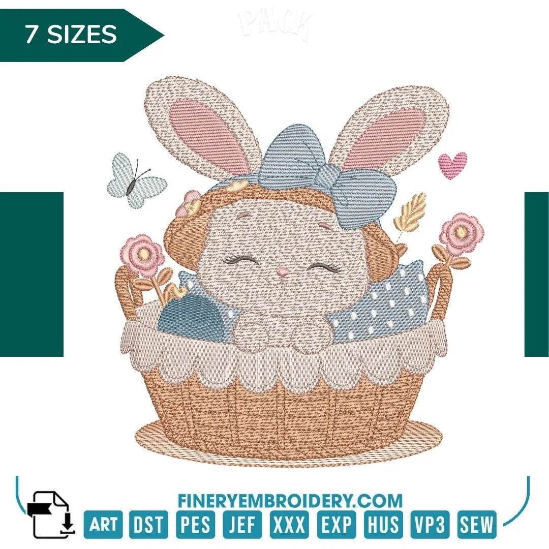 Adorable Bunny in Basket Embroidery Design - 7 Sizes | FineryEmbroidery - FineryEmbroidery