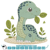 Adorable Dinosaur Embroidery Design – Cute Green Dino with Leaves - FineryEmbroidery