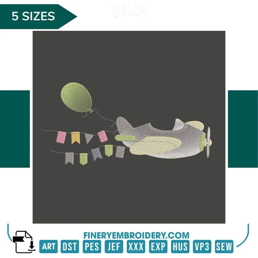 Airplane with Balloon and Flags Embroidery Design | FineryEmbroidery - FineryEmbroidery