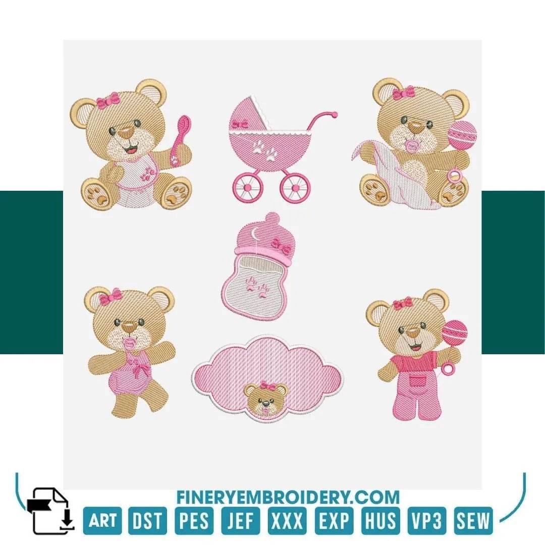 Baby Girl Bear Embroidery Design Pack – 7 Designs - 2 Sizes  | FineryEmbroidery - FineryEmbroidery