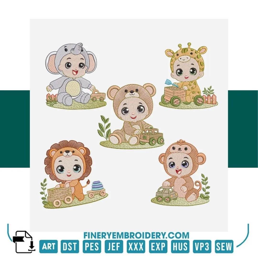 Baby Safari Animal Embroidery Design Pack – 5 Designs in 4 Sizes | FineryEmbroidery - FineryEmbroidery
