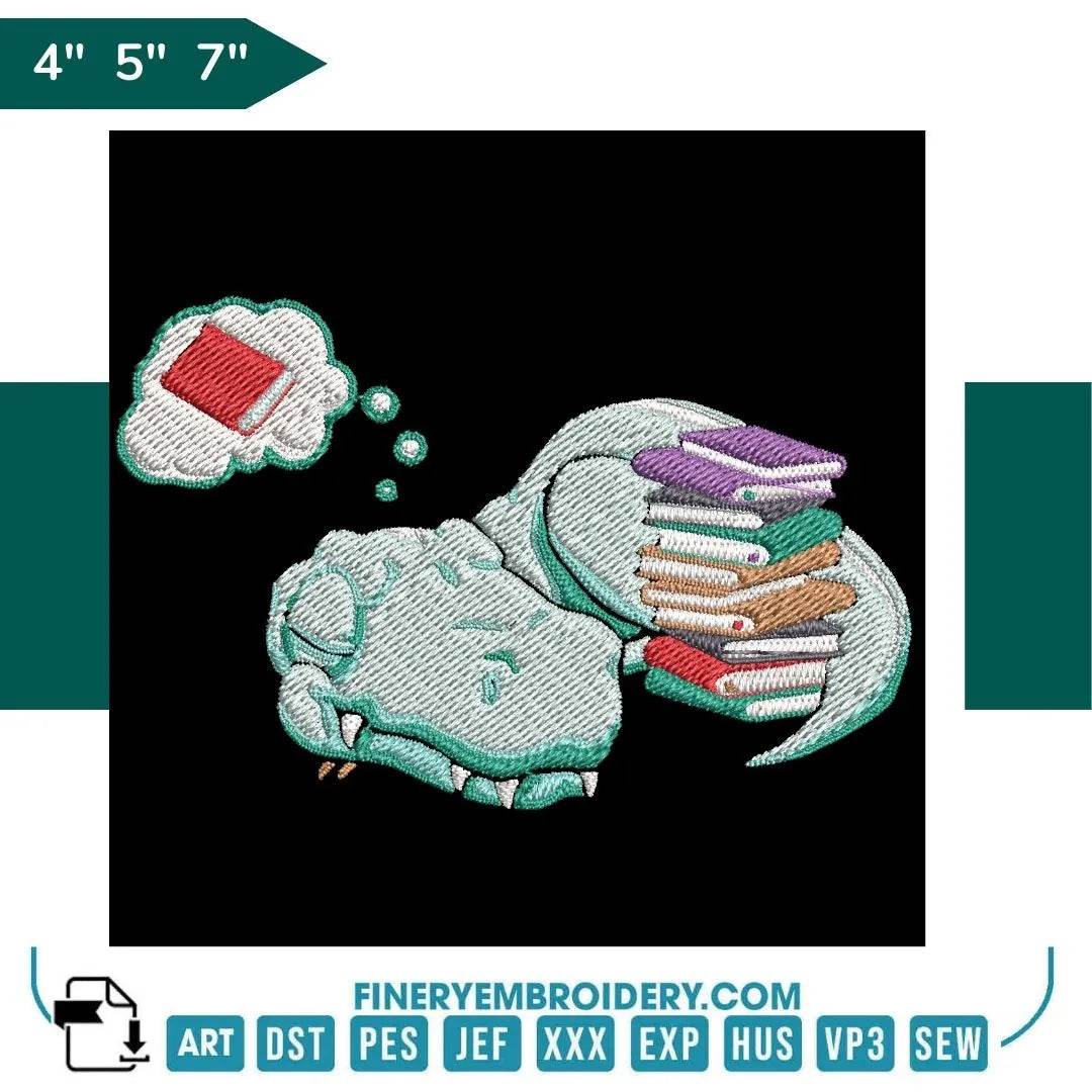 Book Lovers collection Embroidery Design - T-Rex Dinosaur Loves Reading - FineryEmbroidery