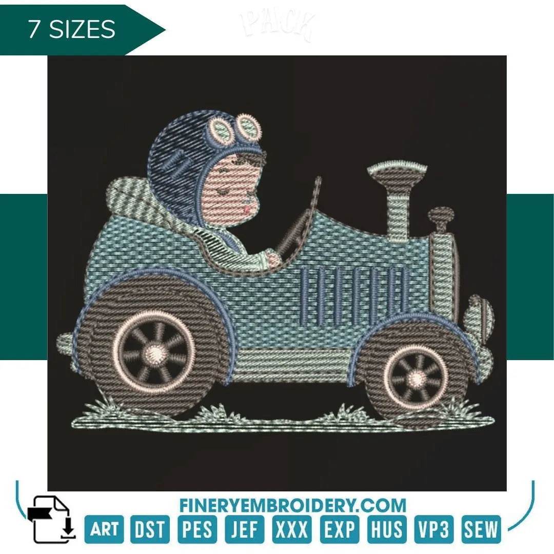 Boy driving a vintage car – 7 Sizes - FineryEmbroidery