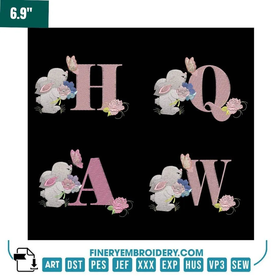 Bunny & Floral Alphabet Embroidery Pack – Cute Springtime Monogram Letters - FineryEmbroidery
