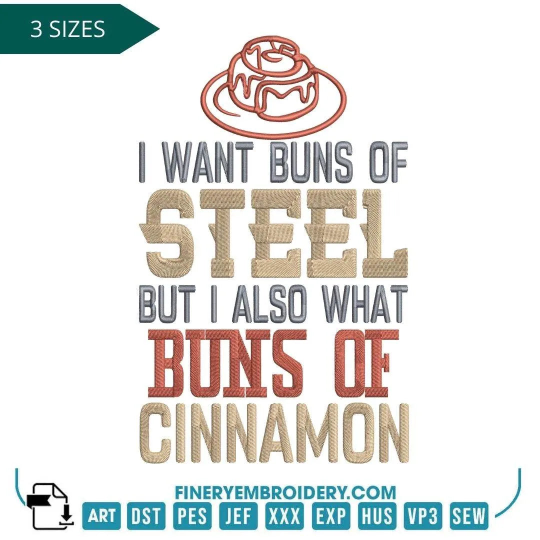 "Buns of Steel, Buns of Cinnamon" Funny Kitchen Embroidery Design - FineryEmbroidery
