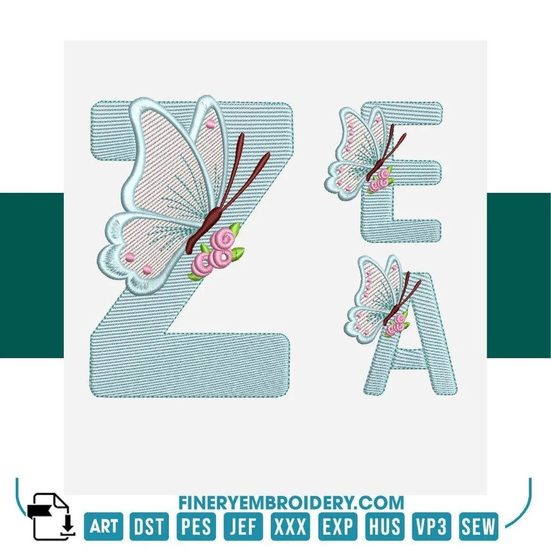 Butterfly Alphabet Embroidery Designs Pack – 26 Letters in 4 Sizes - FineryEmbroidery