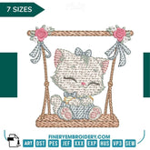 Charming Kitten on Swing Embroidery Design - 7 Sizes | FineryEmbroidery - FineryEmbroidery