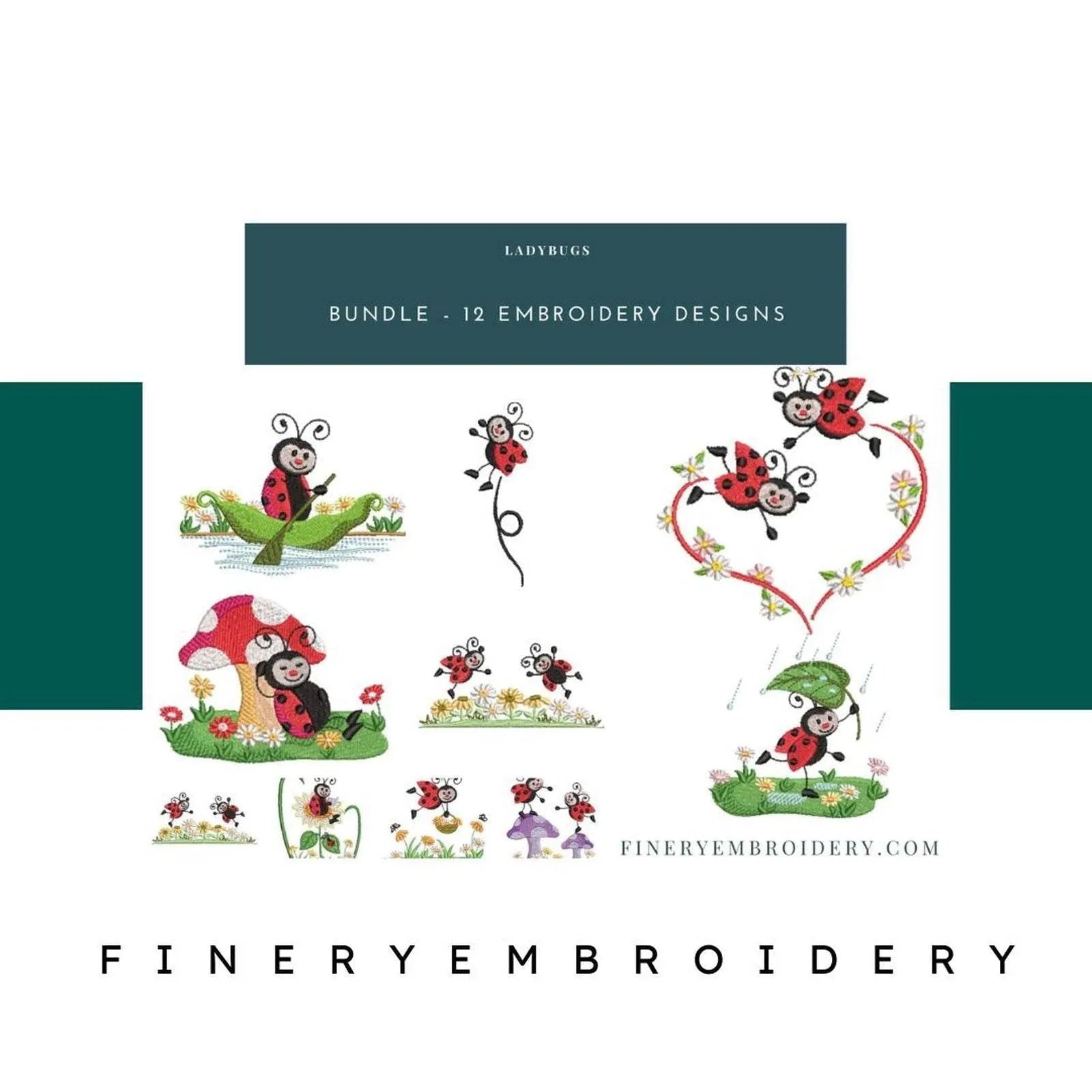 Charming Ladybugs - Pack of 12 Designs - Embroidery Designs - FineryEmbroidery