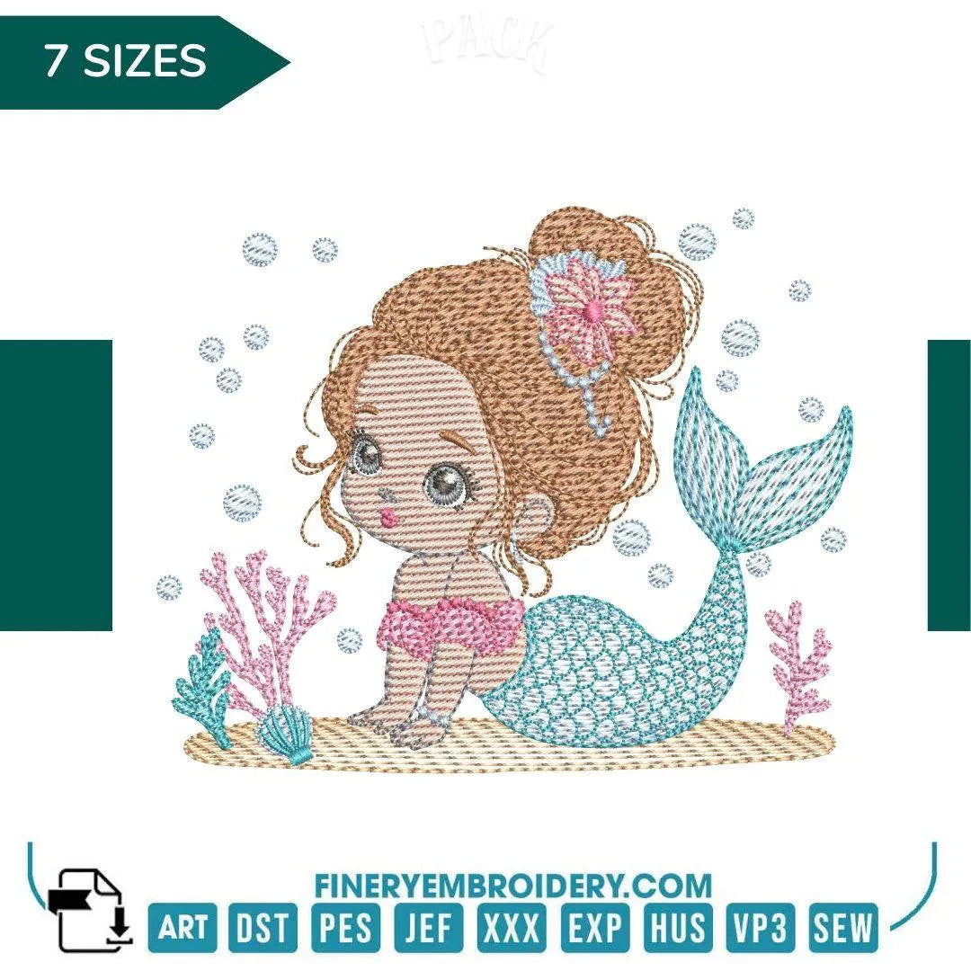 Charming Mermaid Princess Embroidery Design - 7 Sizes | FineryEmbroidery - FineryEmbroidery