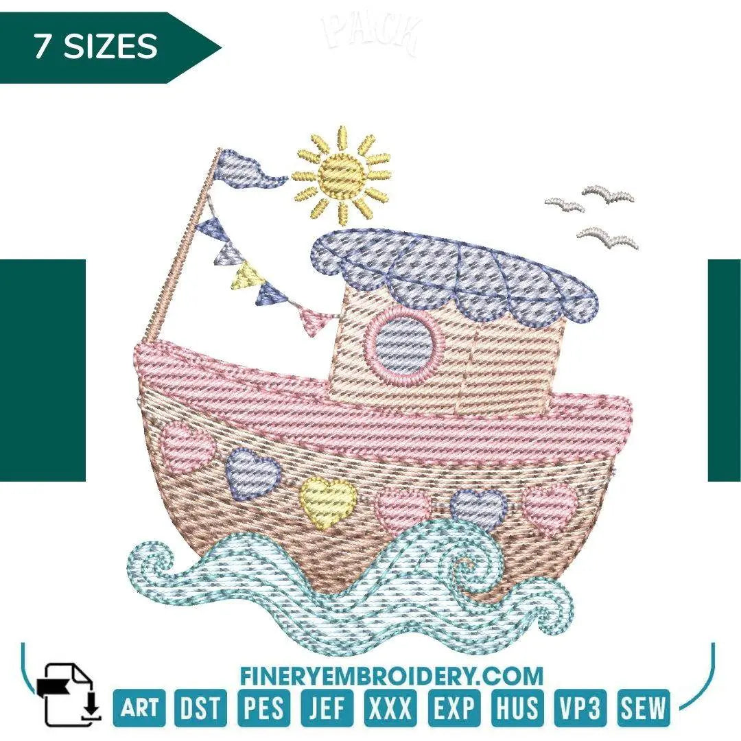 Charming Sailboat Embroidery Design - 7 Sizes | FineryEmbroidery - FineryEmbroidery
