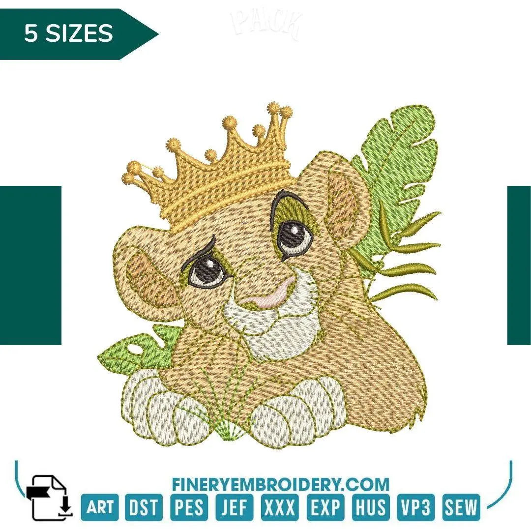 Charming Simba with Crown Embroidery Design - 5 Sizes | Disney's Lion King | FineryEmbroidery - FineryEmbroidery