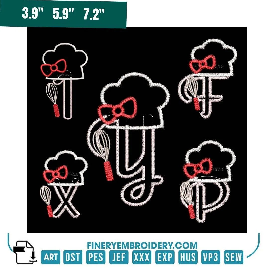 Chef Hat Alphabet Embroidery Pack – Playful Cooking-Themed Monogram Letters with Whisk & Bow - FineryEmbroidery