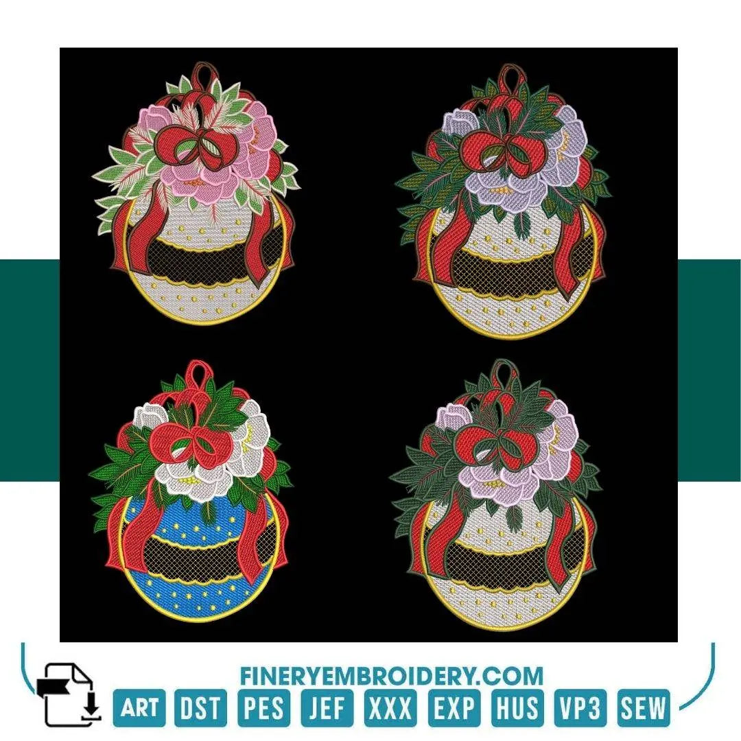 Christmas Ornament Embroidery Design Pack – 4 Elegant Patterns - FineryEmbroidery