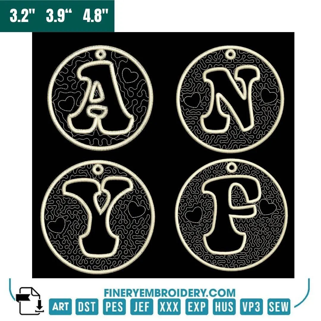 Circular Monogram Ornament Embroidery Pack – Unique Heart and Maze Letter Designs - FineryEmbroidery
