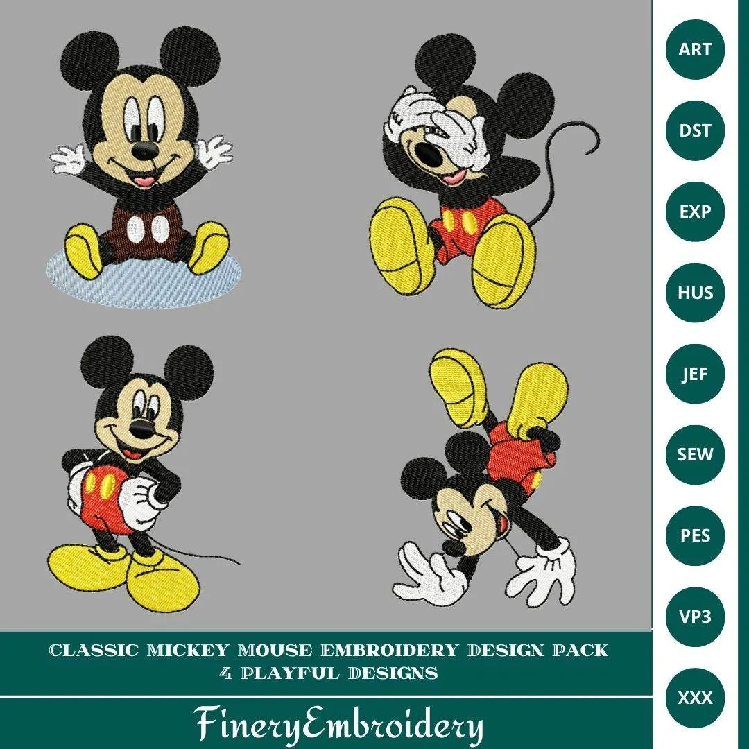 Classic Mickey Mouse Embroidery Design Pack – 4 Playful Designs - FineryEmbroidery
