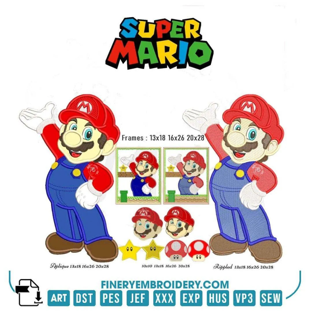 Classic Super Mario Embroidery Design Pack | Applique & Rippled Styles with Multiple Sizes - FineryEmbroidery