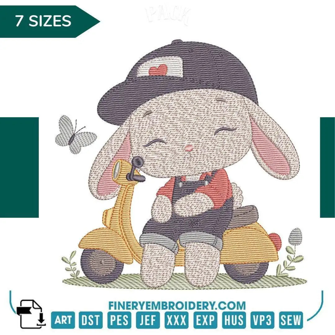Cool Bunny on Scooter Embroidery Design - 7 Sizes | FineryEmbroidery - FineryEmbroidery