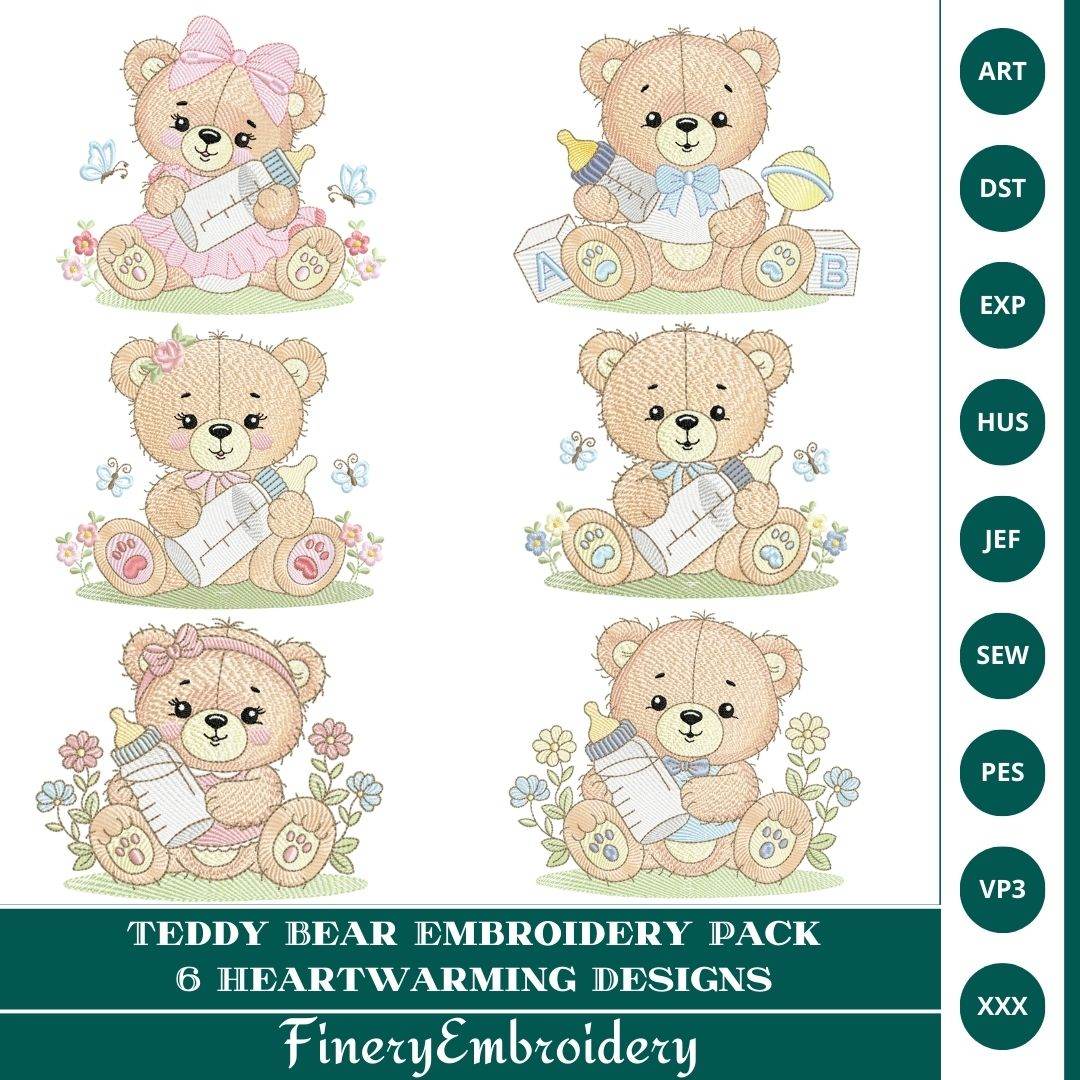 Teddy Bear Embroidery Pack – 6 Heartwarming Designs - FineryEmbroidery