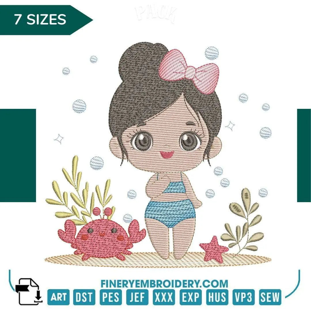 Cute Beach Girl Embroidery Design - 7 Sizes | FineryEmbroidery - FineryEmbroidery