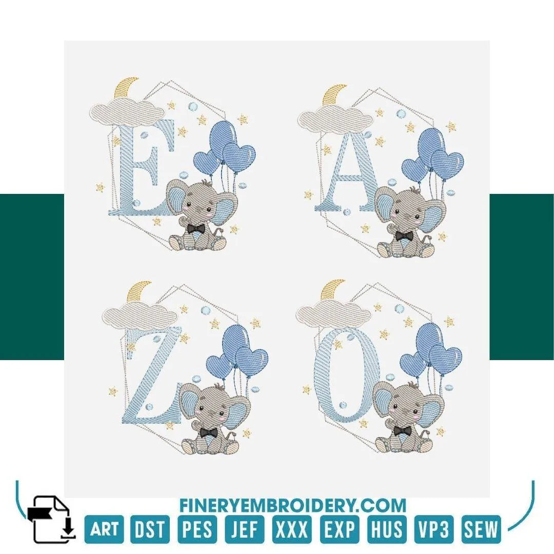 Cute Elephant Alphabet Embroidery Design Pack – 26 Letters | FineryEmbroidery - FineryEmbroidery