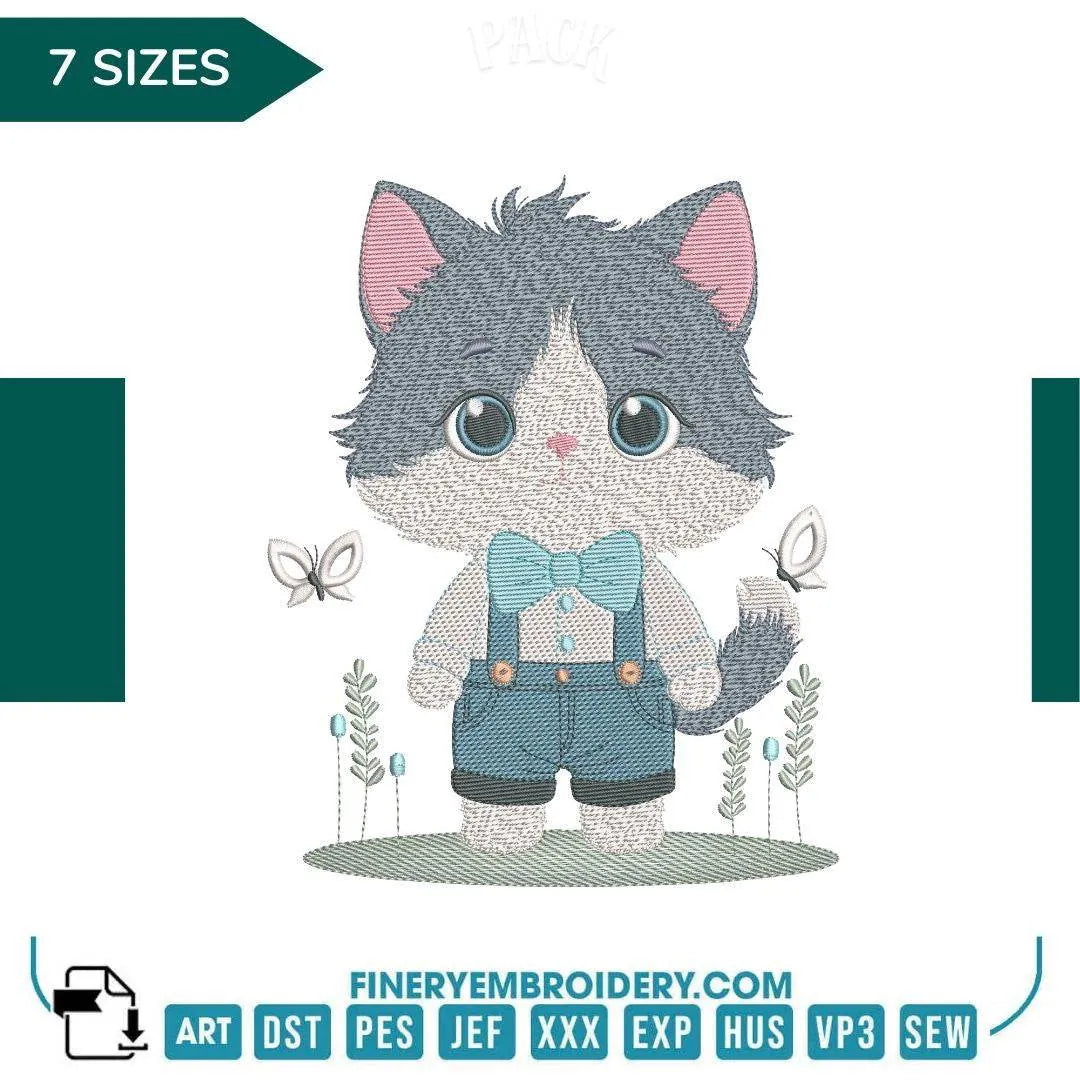 Cute Kitten in Overalls Embroidery Design - 7 Sizes | FineryEmbroidery - FineryEmbroidery