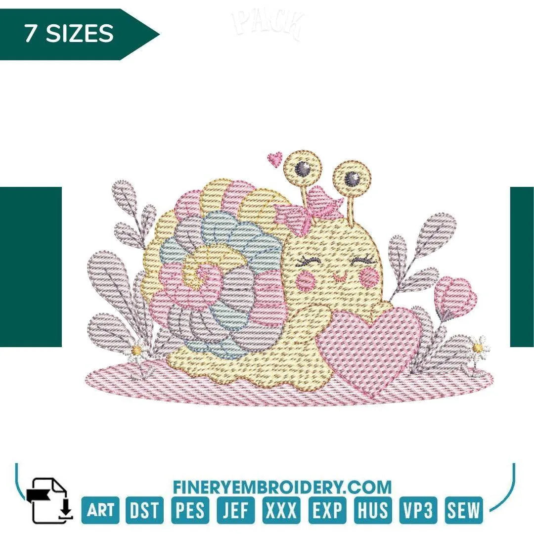 Cute Snail with Heart Embroidery Design - 7 Sizes | FineryEmbroidery - FineryEmbroidery
