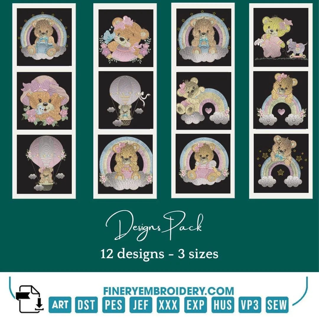 Cute Teddy Bear Embroidery Pack – 12 Designs in 3 Sizes - FineryEmbroidery