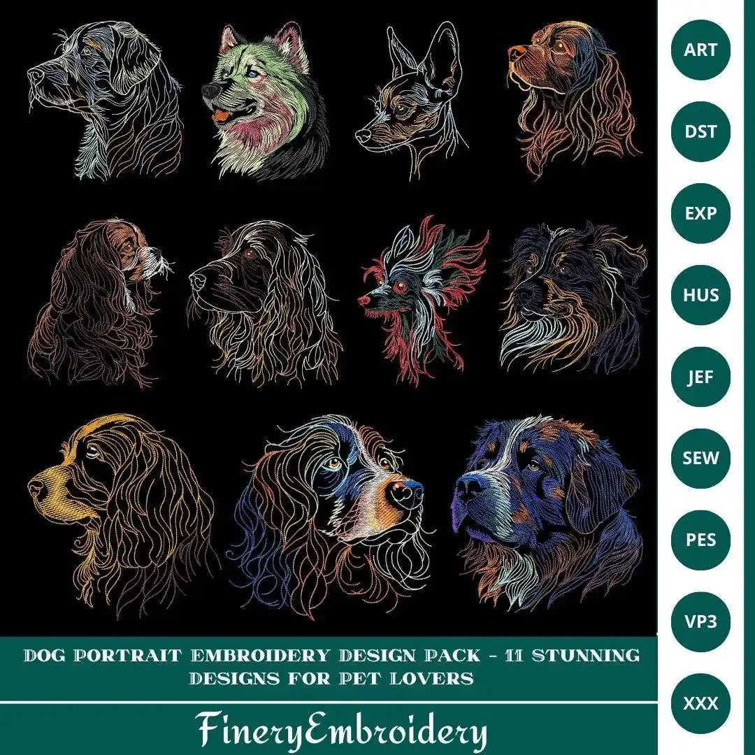 Dog Portrait Embroidery Design Pack – 11 Stunning Designs for Pet Lovers - FineryEmbroidery
