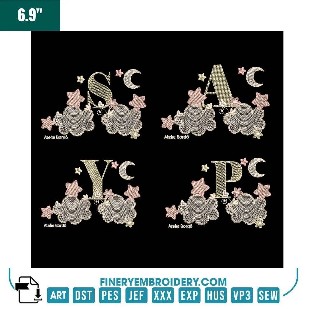 Dreamy Night Sky Alphabet Embroidery Pack – Celestial Monogram Letters with Stars & Moon - FineryEmbroidery