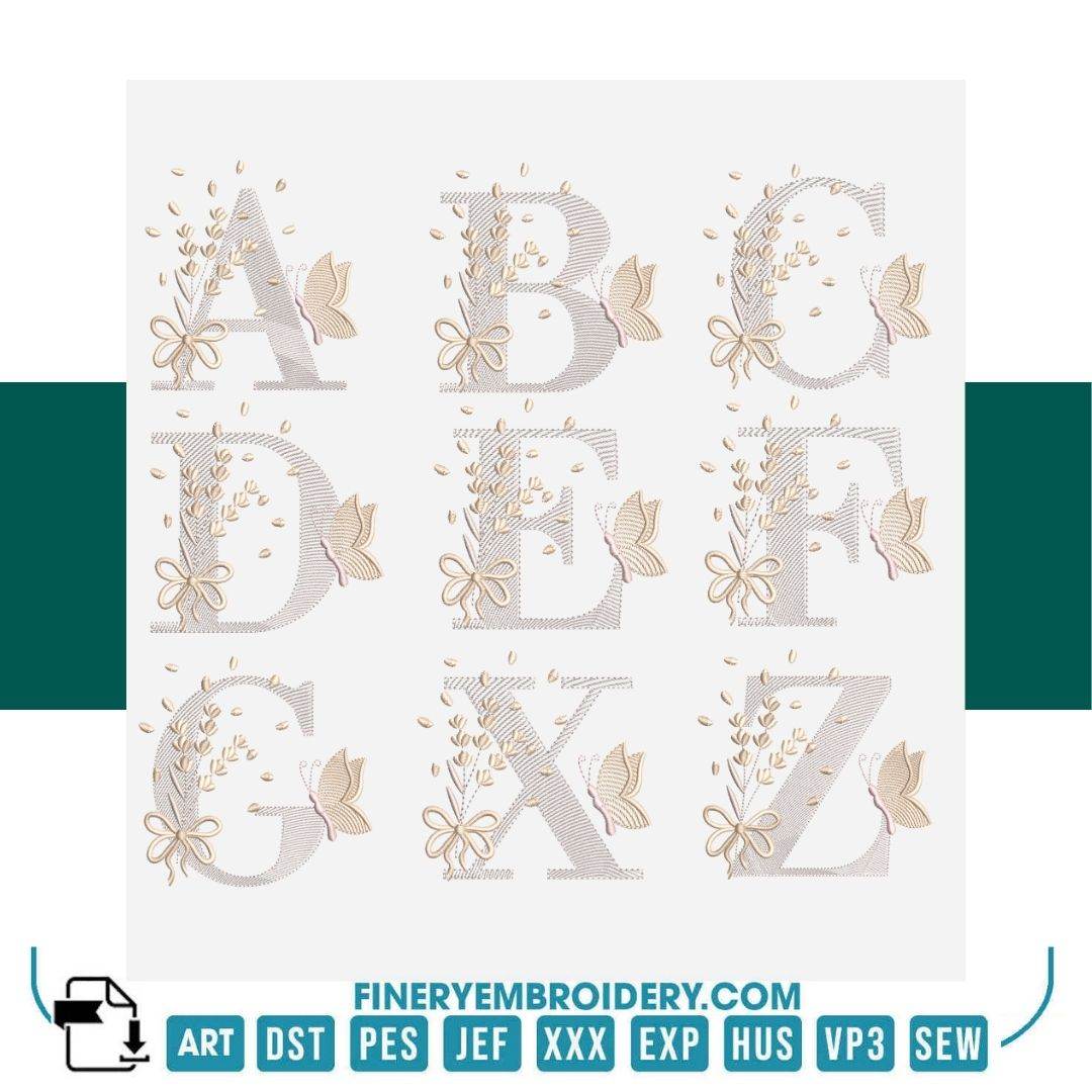 Elegant Butterfly and Bow Alphabet Embroidery Design Pack – 26 Letters | FineryEmbroidery - FineryEmbroidery