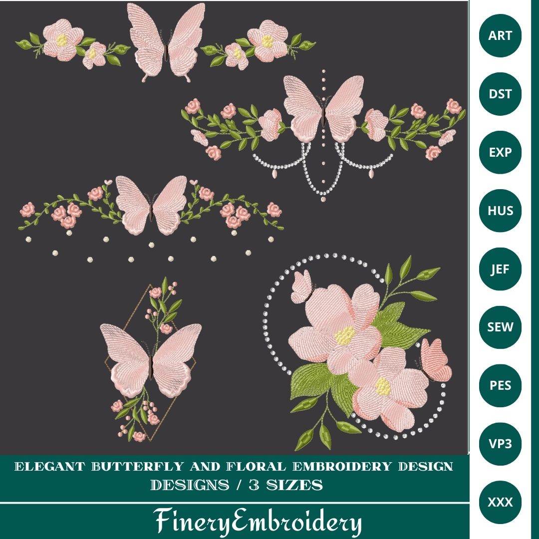 Elegant Butterfly and Floral Embroidery Design Pack – 5 Designs in 3 Sizes - FineryEmbroidery