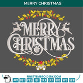 Elegant Merry Christmas Embroidery Design with Holly and Reindeer Accents - FineryEmbroidery