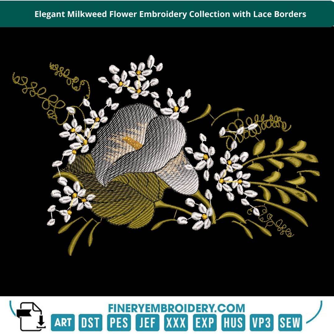 Elegant Milkweed Flower Embroidery Collection with Borders - 15 Designs - FineryEmbroidery