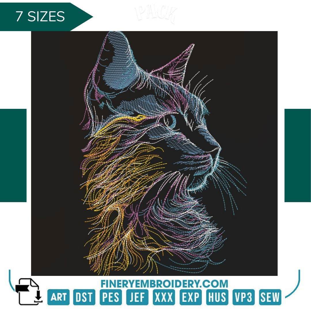 Elegant Multicolor Cat Embroidery Design - 7 Sizes- Embroidery Design - FineryEmbroidery