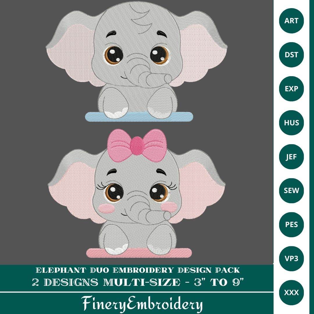 Elephant Duo Embroidery Design Pack - FineryEmbroidery