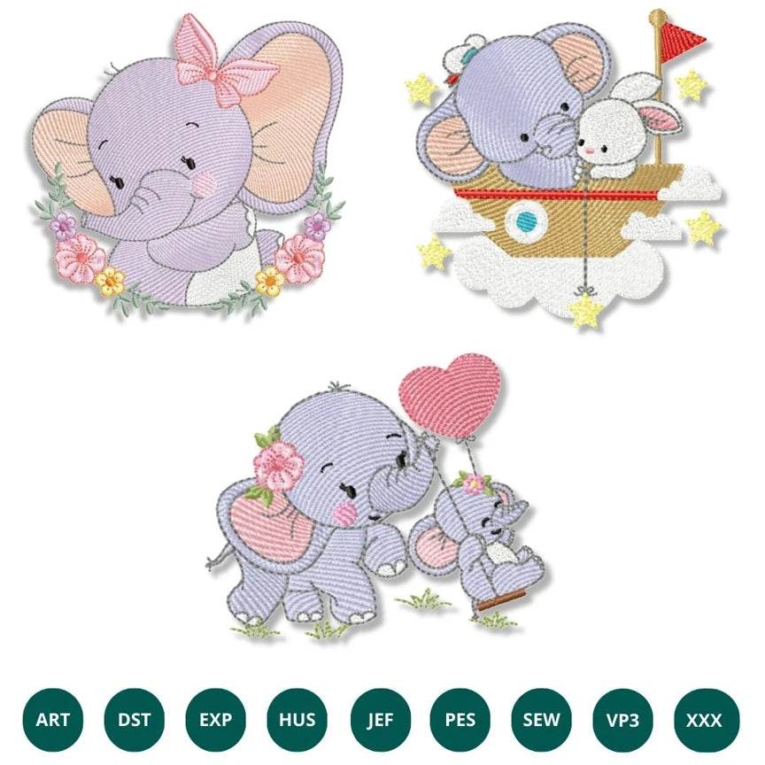 Elephant embroidery designs pack