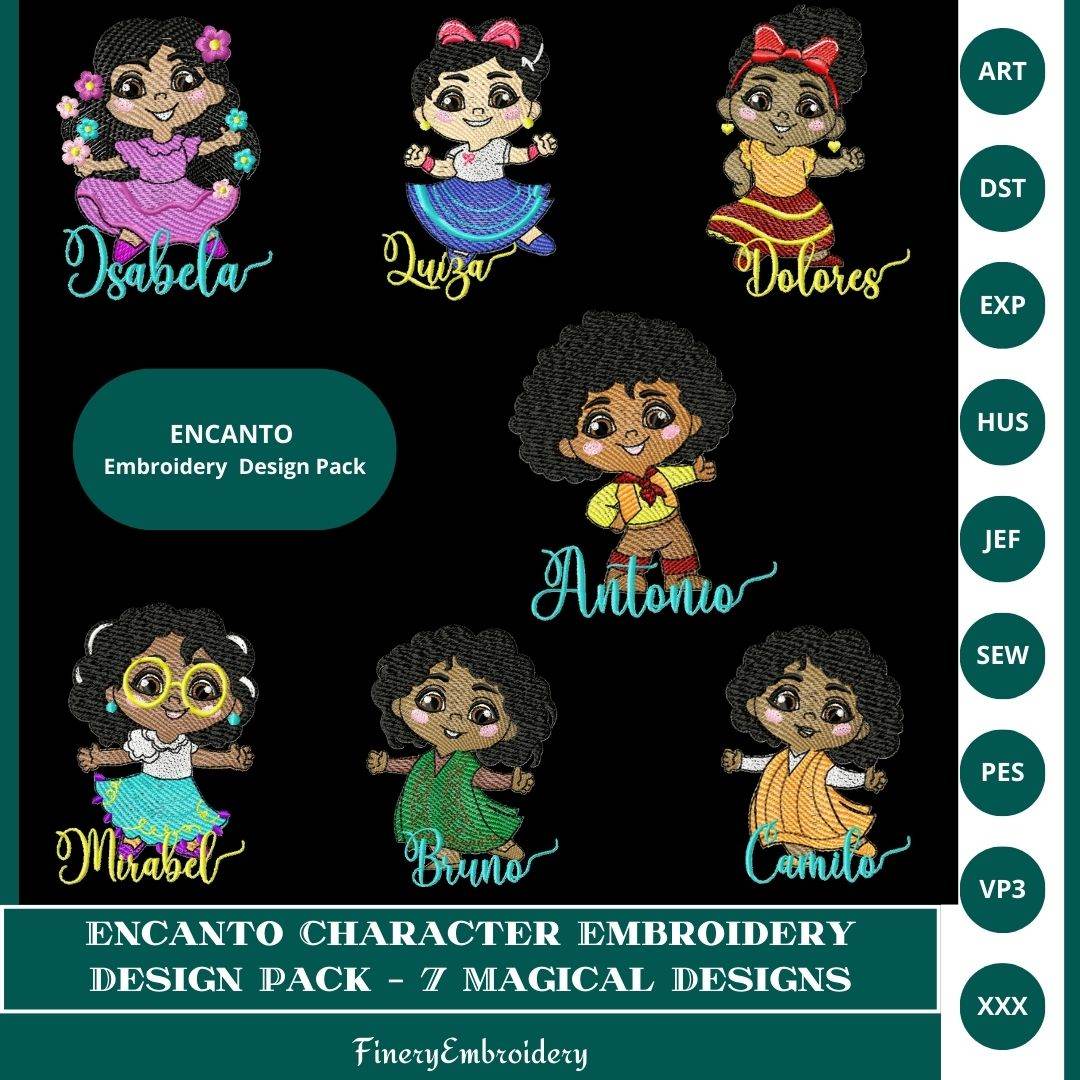 Encanto Character Embroidery Design Pack – 7 Magical Designs Multi Sizes - FineryEmbroidery