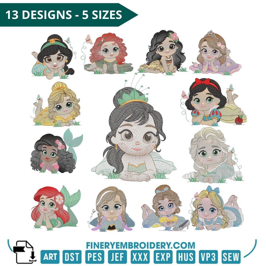 Enchanting Princess Embroidery Pack – 13 Designs, 5 Sizes - FineryEmbroidery