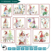 Festive Christmas Gnome Embroidery Pack – 11 Whimsical Designs - 3 sizes - FineryEmbroidery