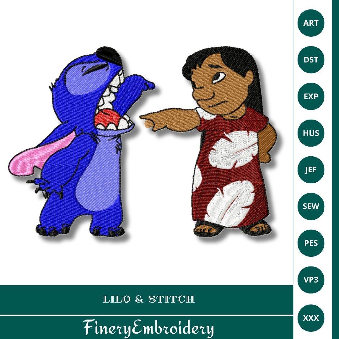 Playful Lilo & Stitch Embroidery Design - Cute Cartoon Duo