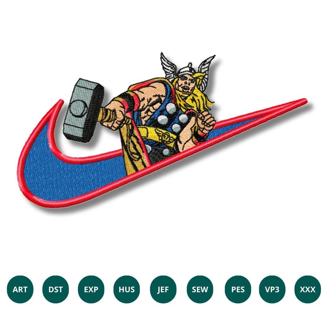 Thor Swoosh Embroidery Design - Thunder God Swoosh Embroidery Design Featuring Mjolnir