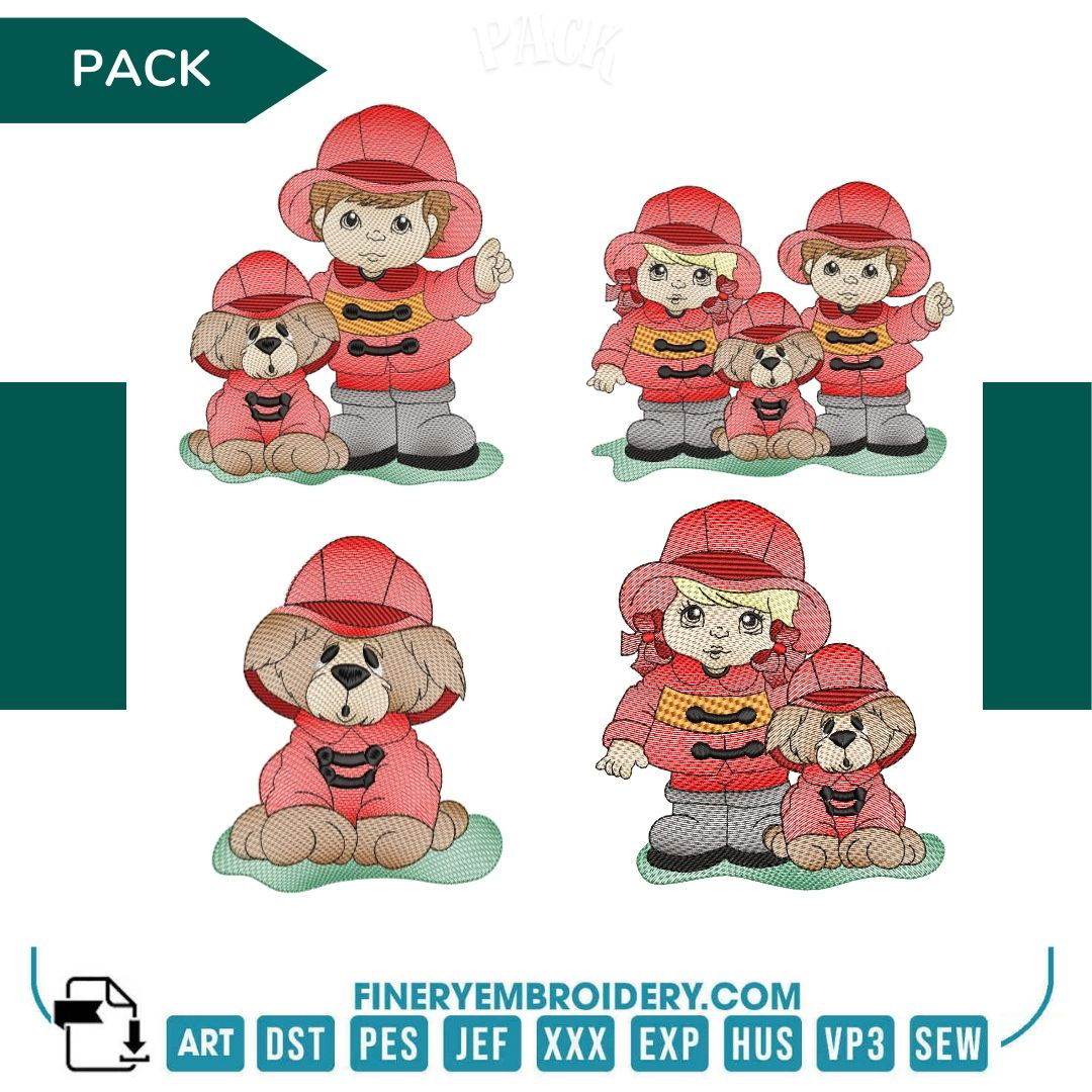 Firefighter Kids and Dog Embroidery Design Pack | FineryEmbroidery - FineryEmbroidery