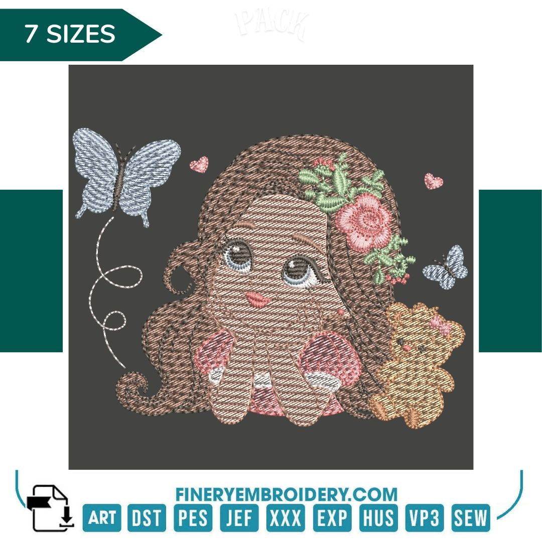Girl with Flowers and Butterfly Embroidery Design | FineryEmbroidery - FineryEmbroidery