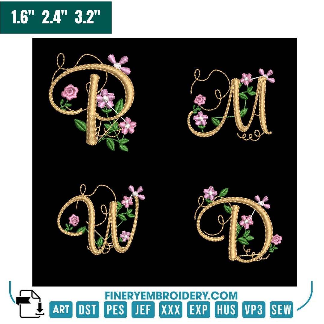 Golden Floral Alphabet Embroidery Pack – Elegant Monogram Letters with Pink Flowers - FineryEmbroidery