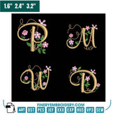 Golden Floral Alphabet Embroidery Pack – Elegant Monogram Letters with Pink Flowers - FineryEmbroidery