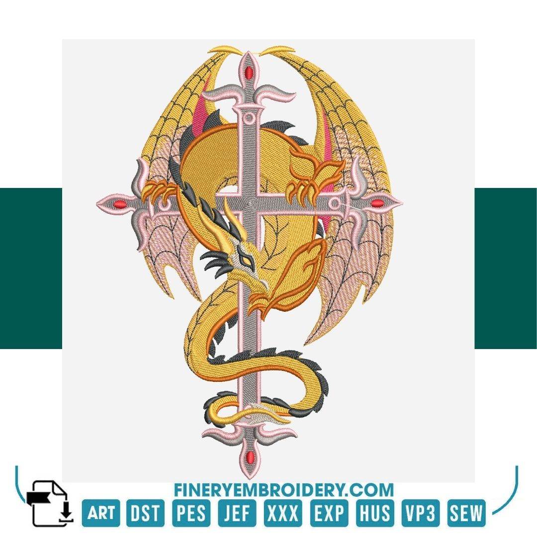 Halloween Dragon Embroidery Design – Intricate Gothic Cross and Dragon | FineryEmbroidery - FineryEmbroidery