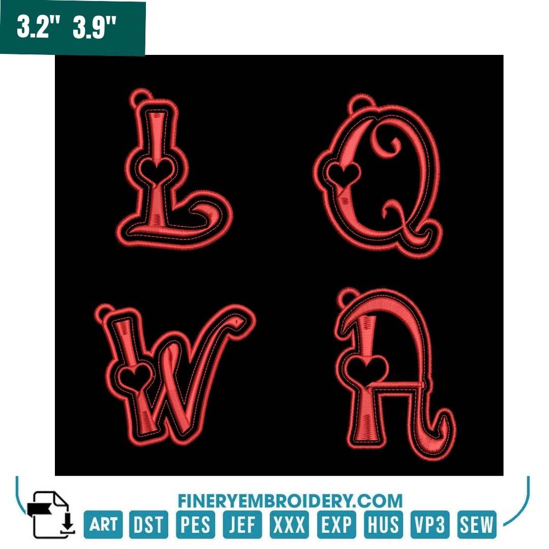 Heart Accent Alphabet Embroidery Pack – Romantic Monogram Letters with Heart Details - FineryEmbroidery