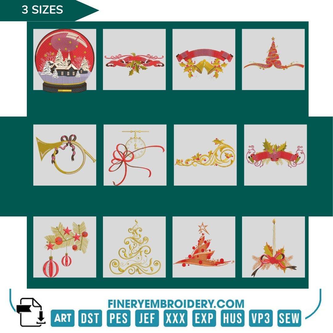 Holiday Decorations Embroidery Design Pack – 12 Festive designs - 3 Sizes - FineryEmbroidery